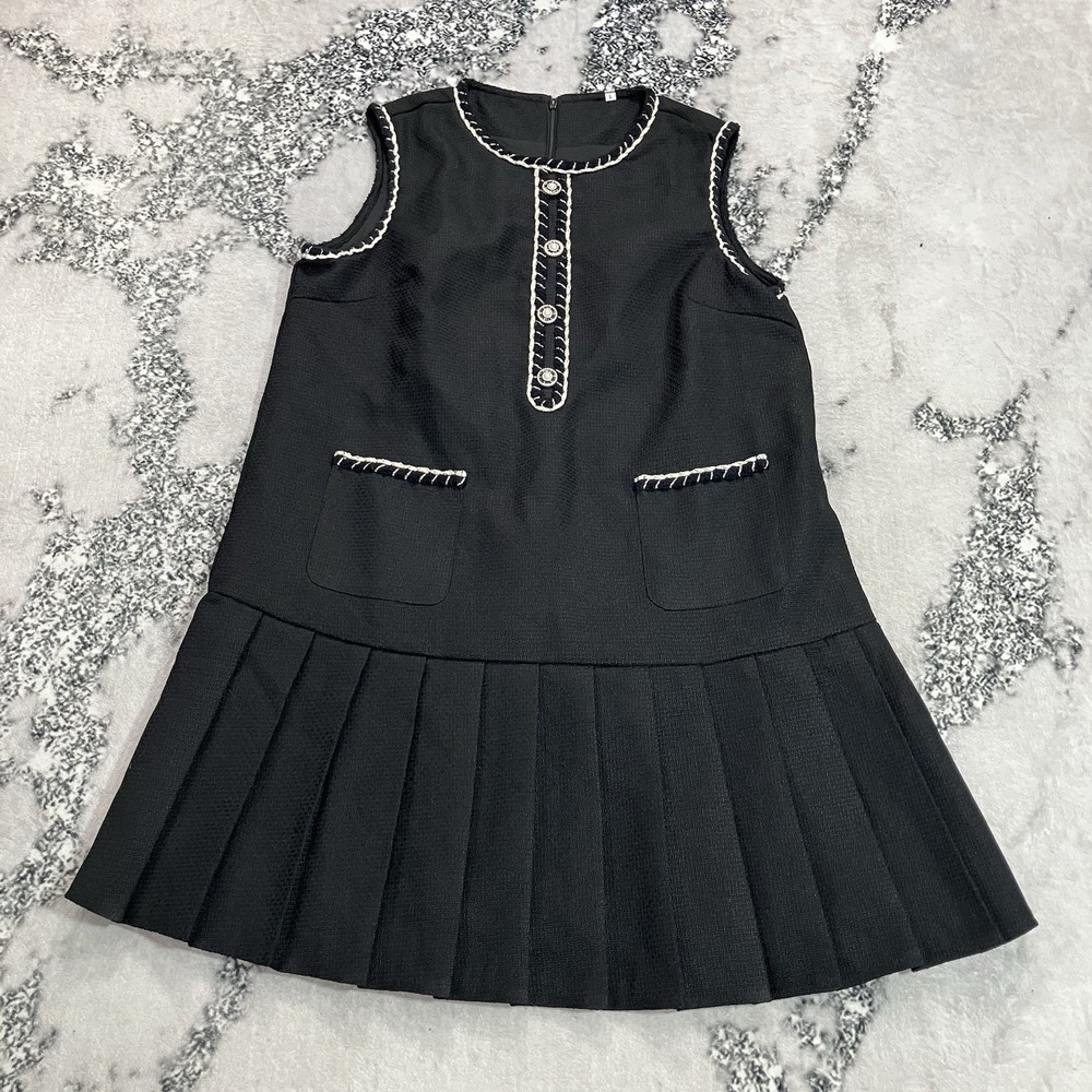 Black Tweed Pleated Drop Waist Mini Dress Contrast Trim Gold Buttons Size L